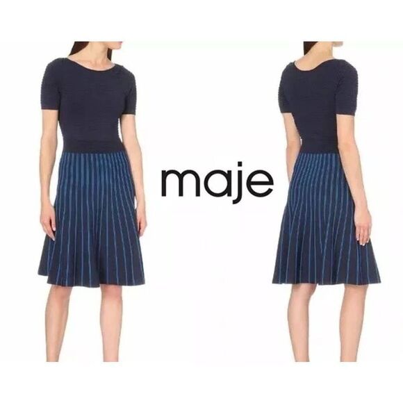Maje Royaume Striped Navy Blue Stretch-Knit Knee Length Dress sz 1 (Small) - Picture 1 of 5